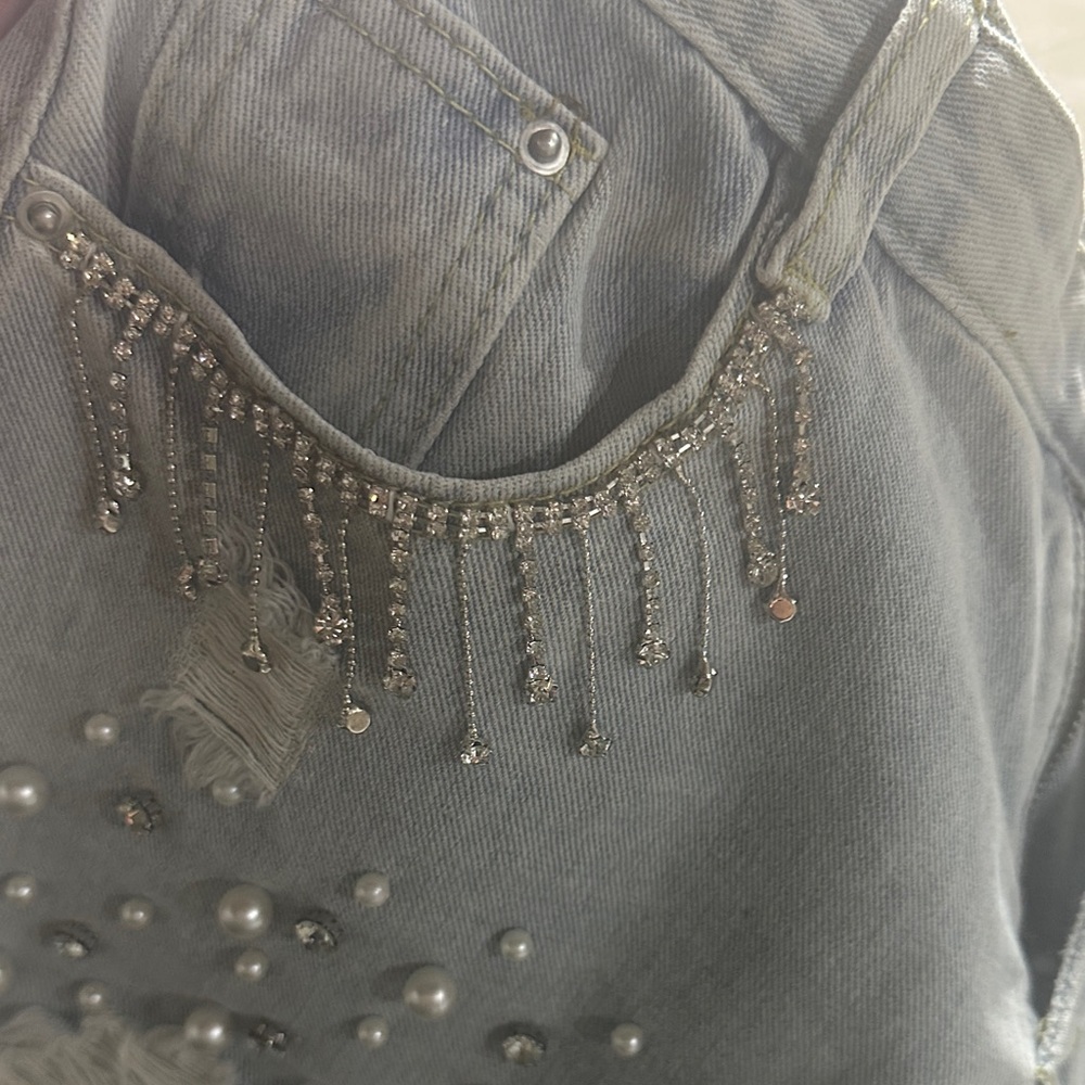 Light Blue Distressed Denim Shorts with Pearl Details - Picture 7 of 7